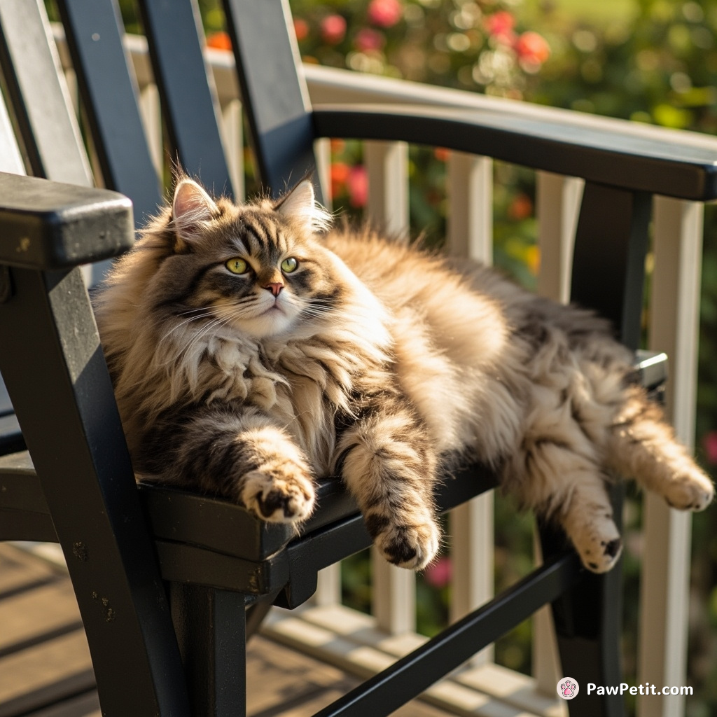 Cat sprawls on porch chair, paws dangling, as if sipping lemonade, basking in sun with a regal air.