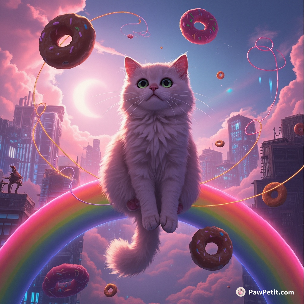 A fluffy cat on top of a rainbow lassoing flying donuts in a post-apocalyptic neon cityscape.