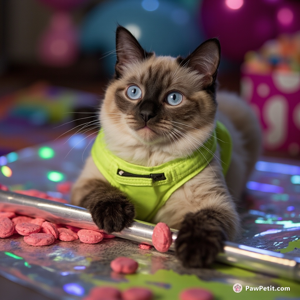 A cat at a 90s rap-themed birthday party, unrolling holographic paper with one claw, hoarding neon candies in a fluorescent fanny pack.