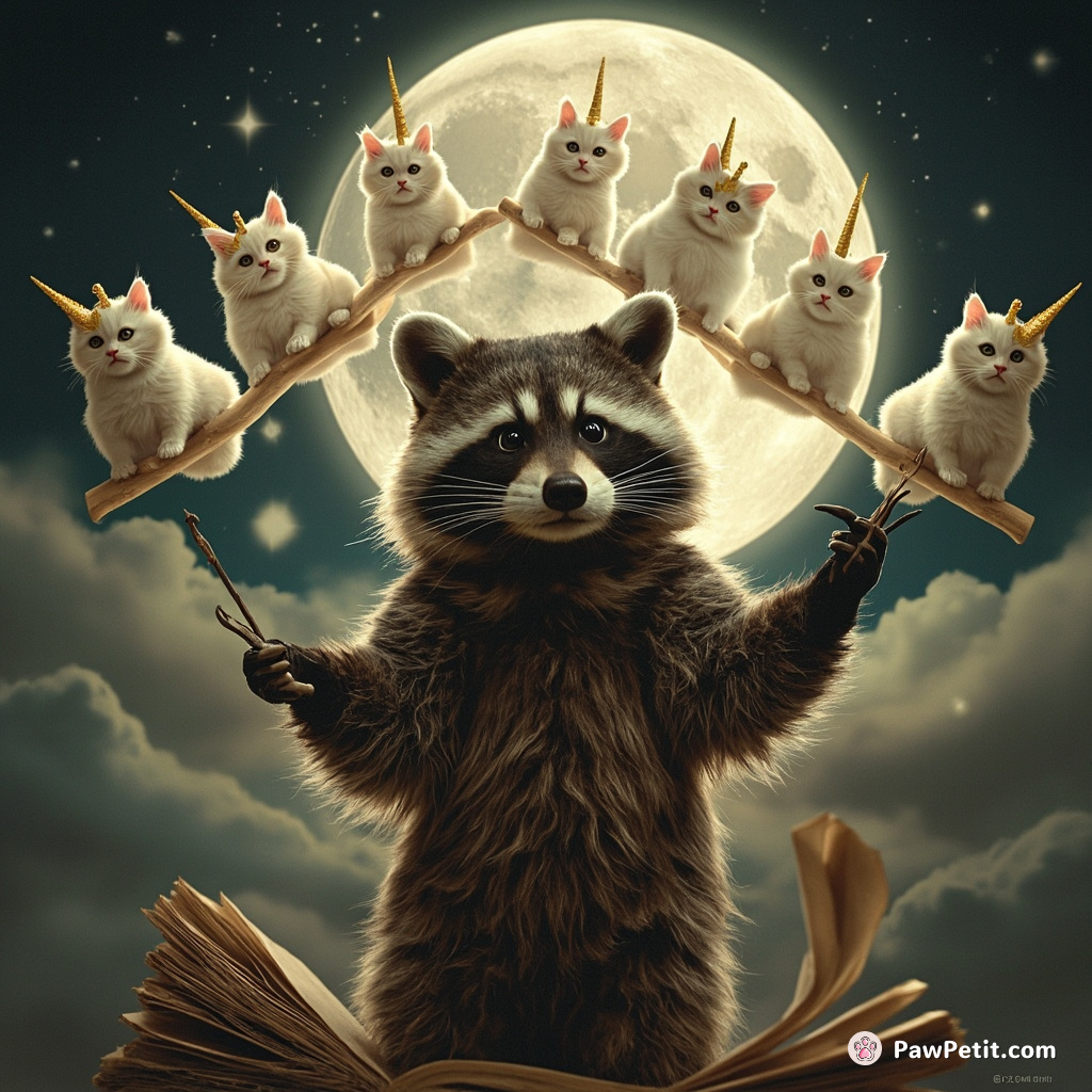 A flabbergasted raccoon conducting a choir of five uni-kitties hovering on popsicle broomsticks against a teapot moon amidst an oversized comic book.