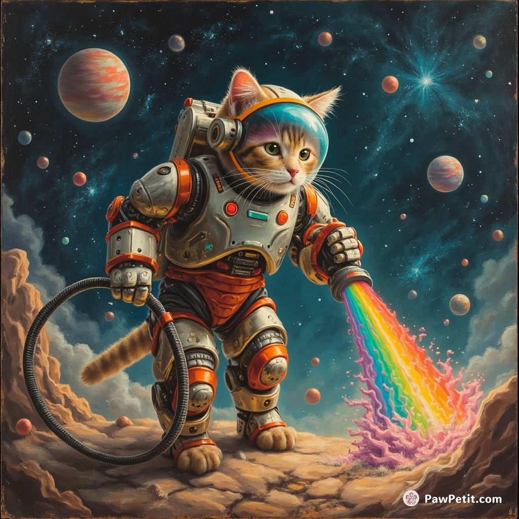 Cyborg cat vacuuming outer space with a rainbow-colored hoover.
