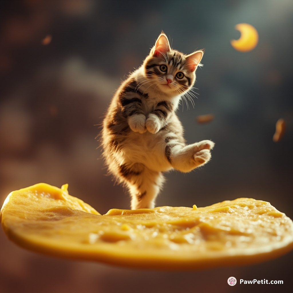 Cat performing a moonwalk dance on a floating cheese slice in zero gravity.