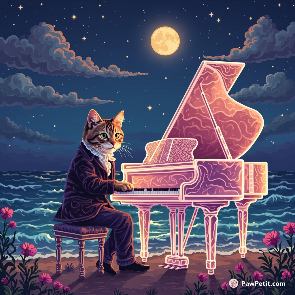 A Victorian cat, playing a crystal grand piano by the shore of a caramel ocean under a multi-moon sky.