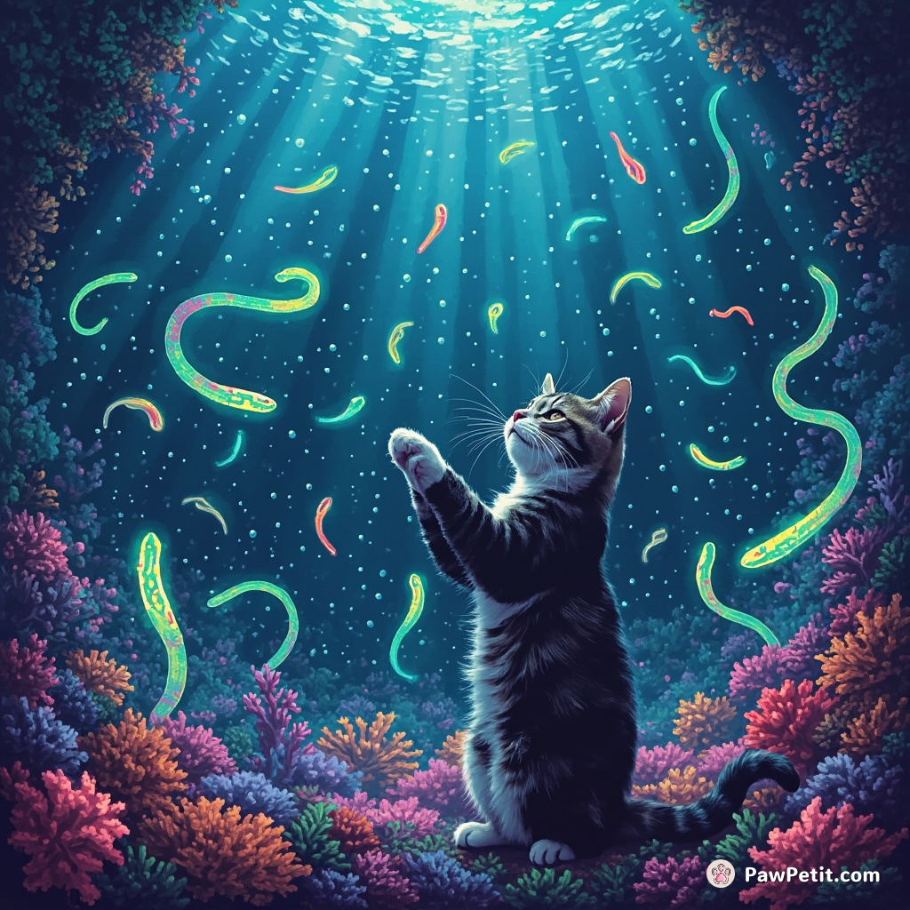 A cat masterfully conducting a symphony of glowing electric eels in a bubbling undersea concert hall.