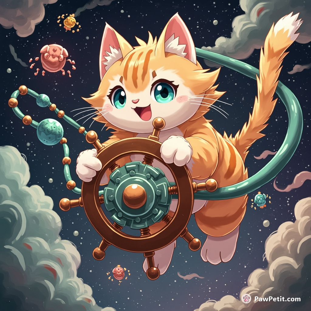 Cat helms quantum palindrome device, altering multiverse with peculiar pounce on the levers below.