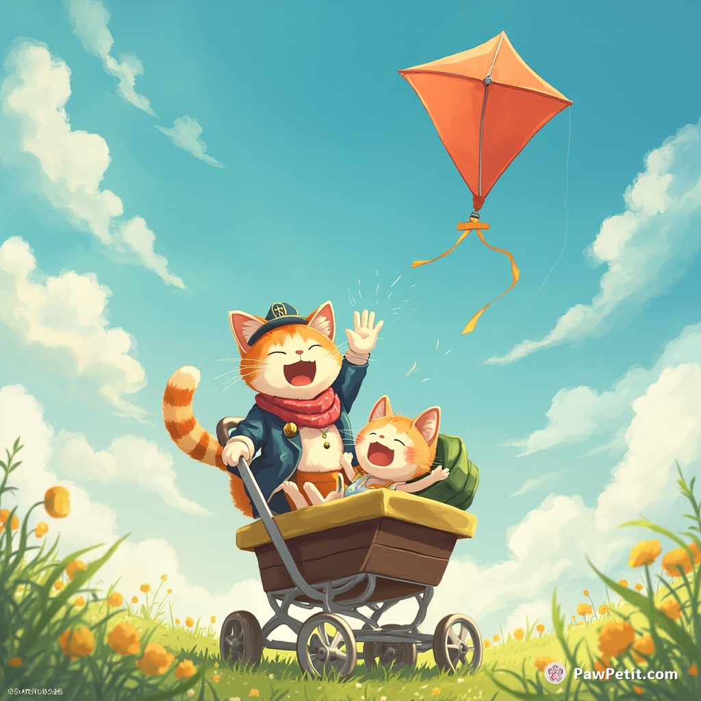 Cat whimsically commandeers flying kite, landing in a baby's stroller amidst roaring laughter - impromptu feline Mary Poppins.