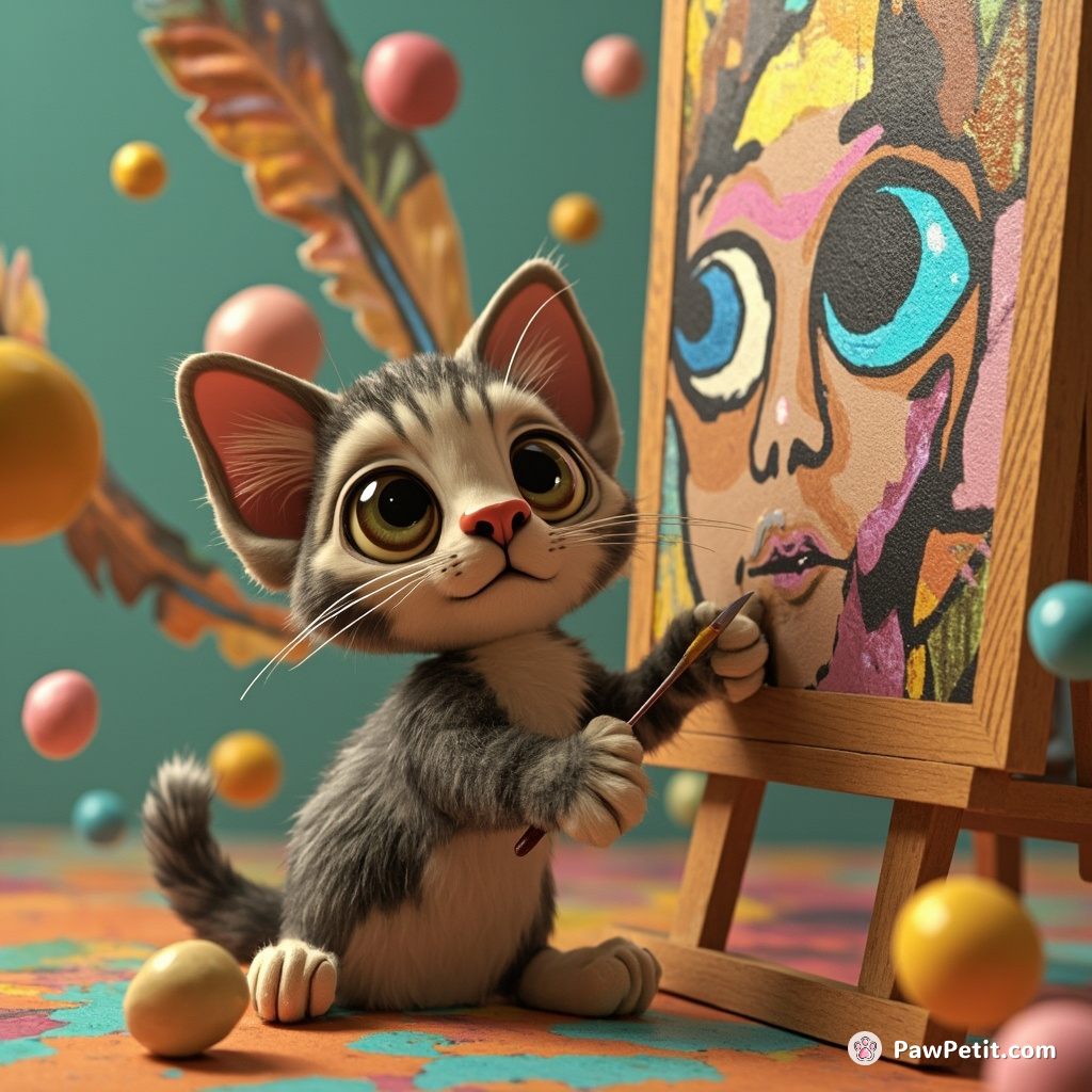 A tabby cat painting a cubistic self-portrait using a quill feather and iridescent ink amidst funky-looking floating geometric shapes.
