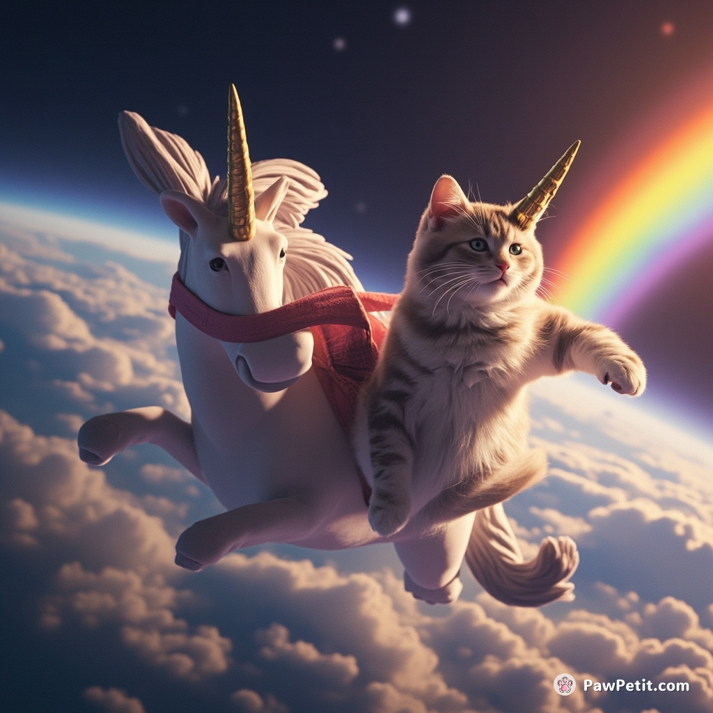 Cat karate-chopping a rainbow while riding on a unicorn in space.