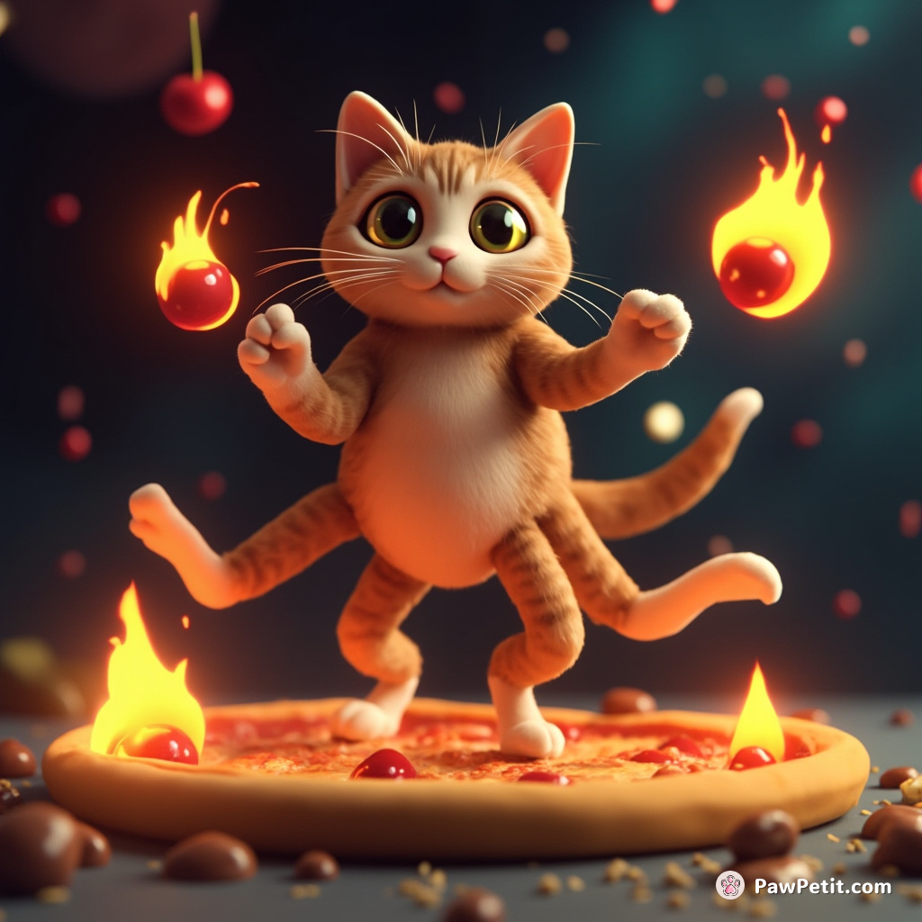 A six-legged cat juggling flaming cherries while standing on a spinning pizza in outer space.
