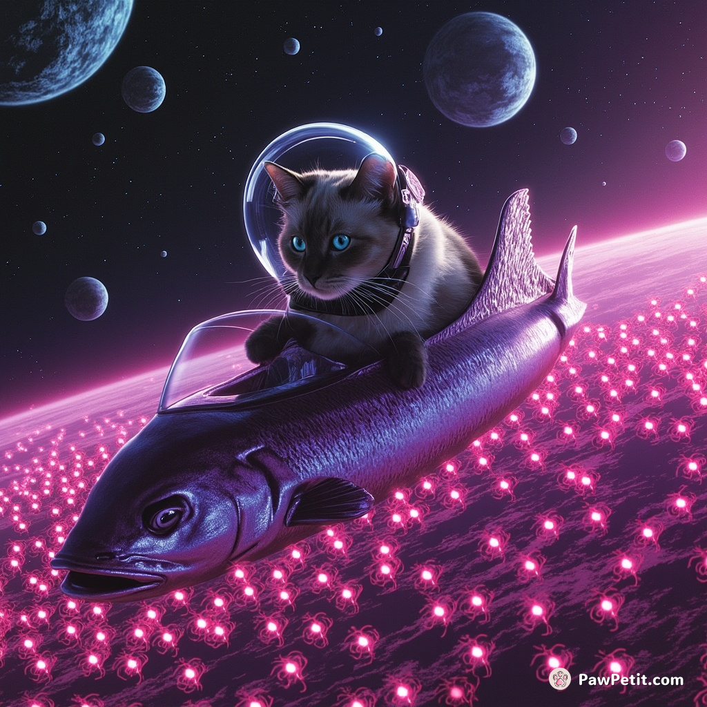 A giant Siamese cat space explorer piloting a shimmering tuna fish spaceship amidst an asteroid belt packed with legions of laser-haired, fluorescent alien mice.