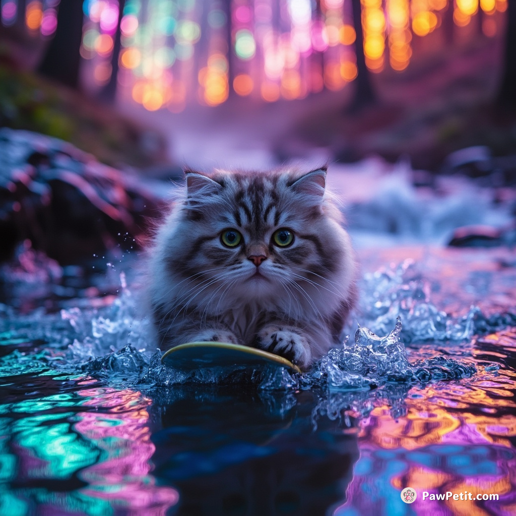 Cat surfing on a river of liquid rainbow in a glowing neon forest.