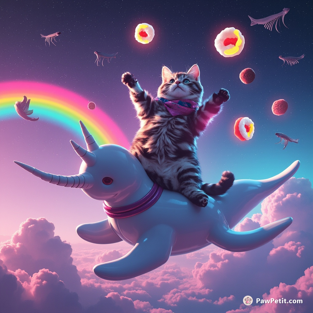 Cat juggling glowing sushi rolls atop a flying narwhal under a sky filled with rainbows and floating fish bones.
