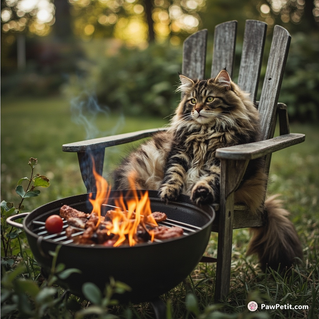 Amid the garden chaos, clothed cat purrs contently surveying its BBQ upended - from a human-like lawn chair.