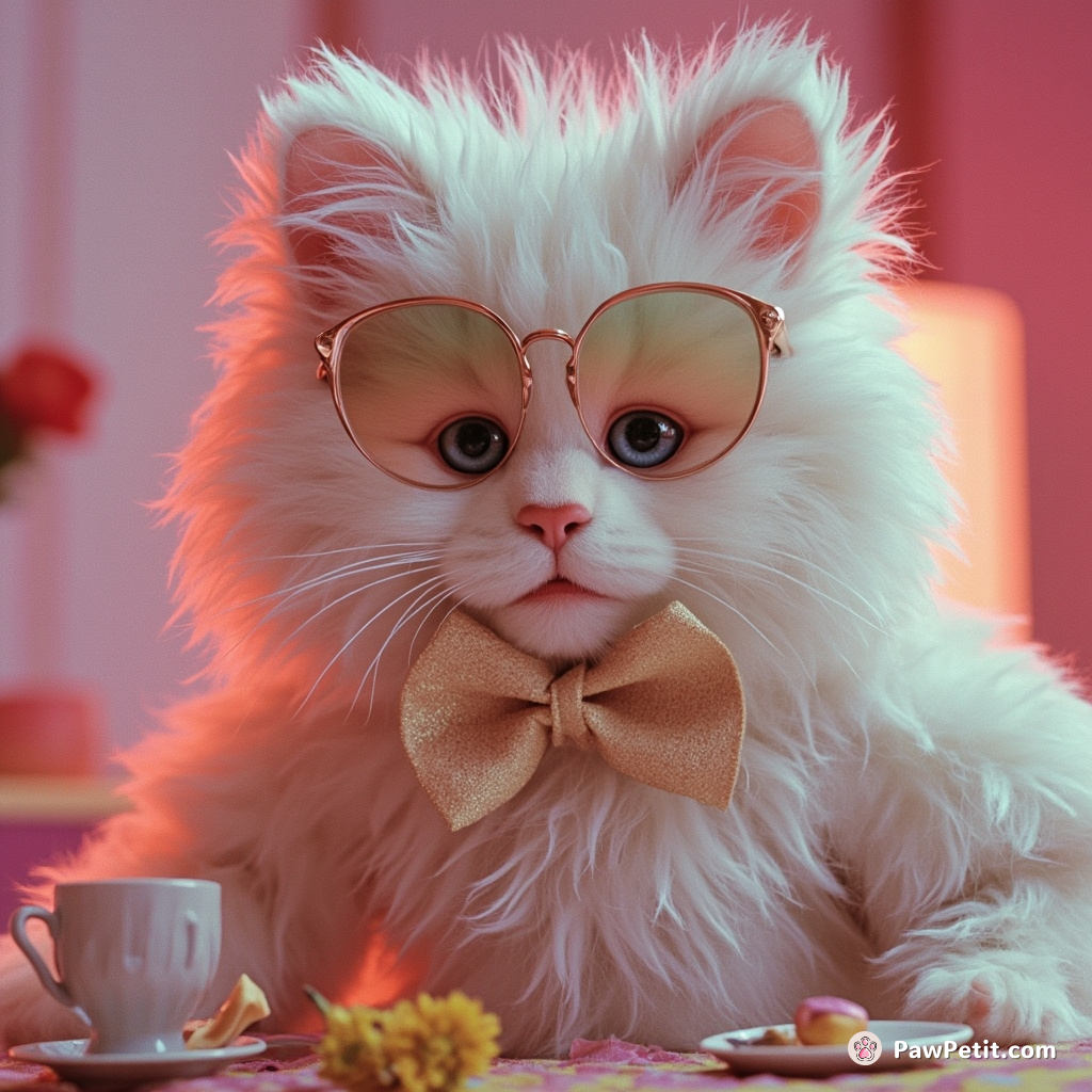 Fluffy dons a bow tie, sips imaginary tea, and hilariously fails at a wobbly curtsy.