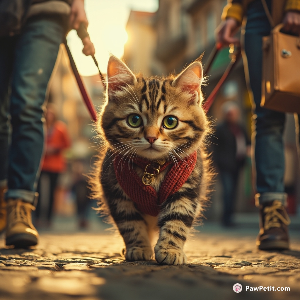In a world where cats think humans are their pets, Whiskers proudly struts, leading his "human pet" on a leash walk.