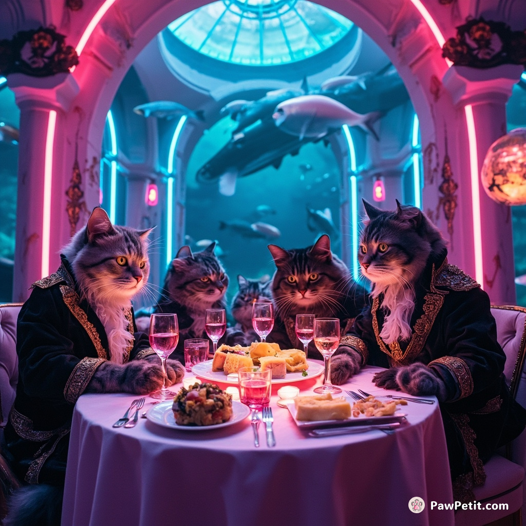 A group of aristocratic cats hosting a lavish cheese and fish wine tasting gala in an underwater castle.