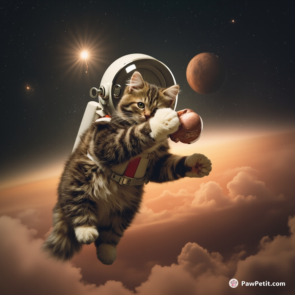 Cat wearing astronaut helmet, floating on a donut-shaped planet, boxing with its own reflection in sci-fi styled flatulence.