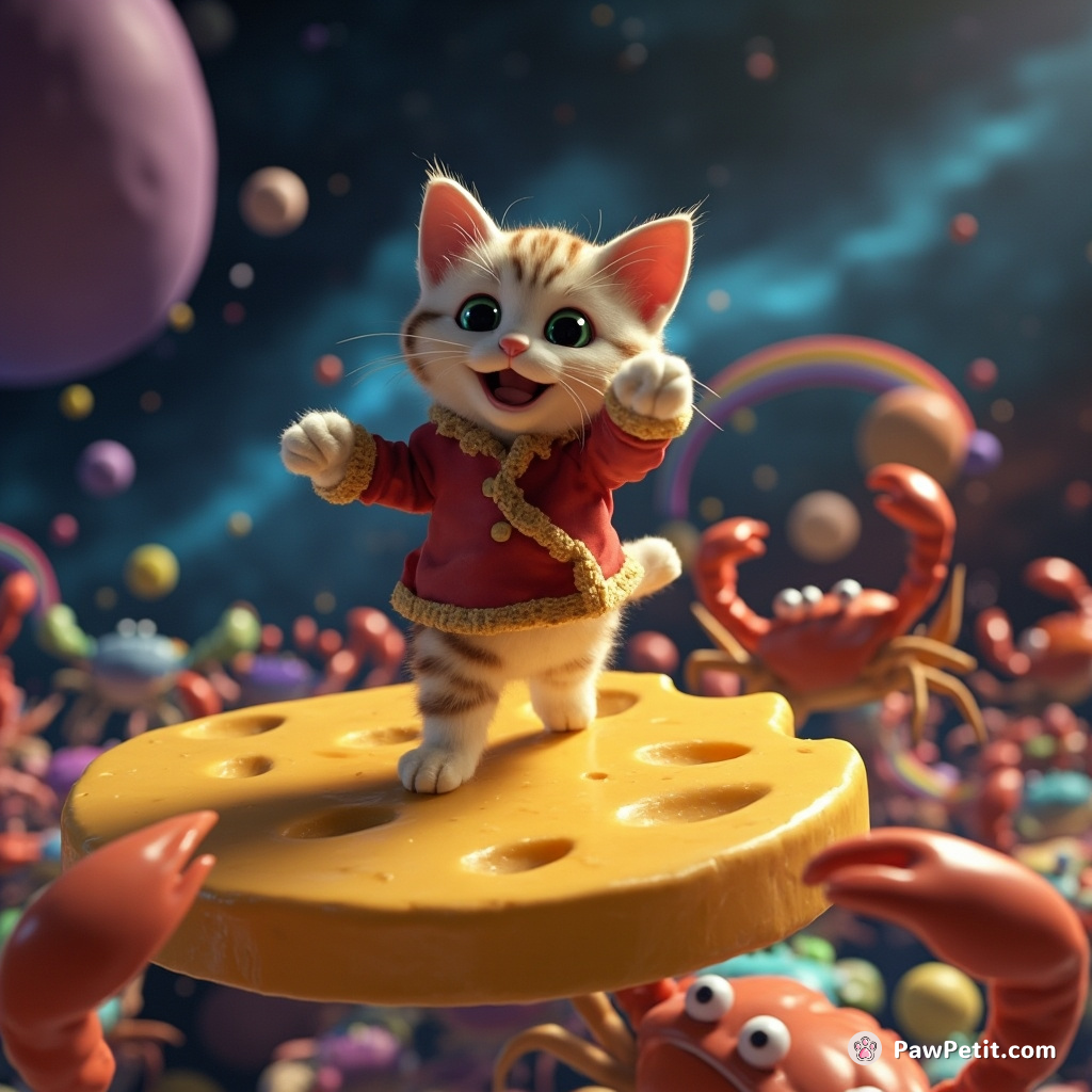 A cat tap dancing on a floating cheese slice in outer space with rainbow crabs as audience.