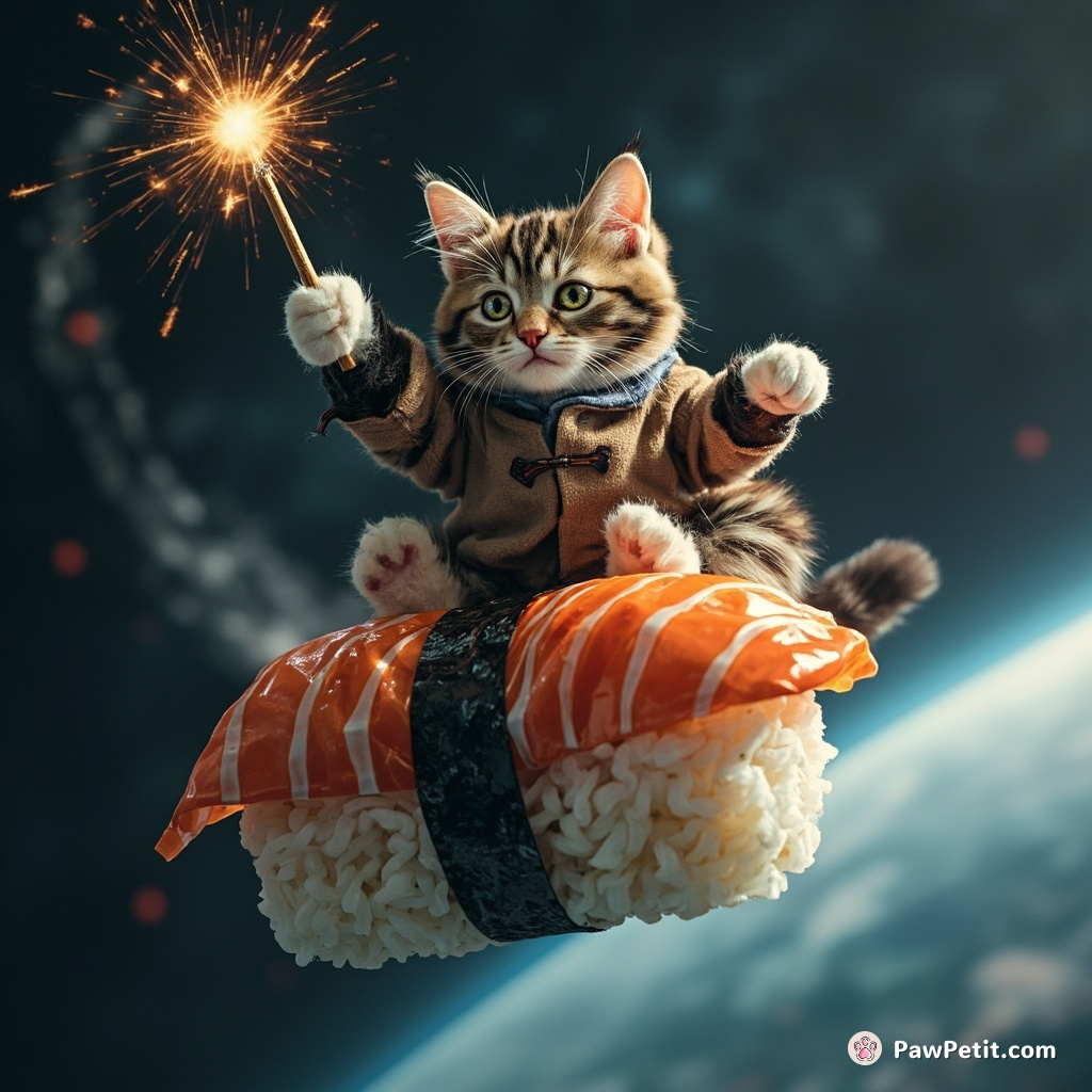 A cat holding a magic wand riding on top of a giant flying sushi roll in space.