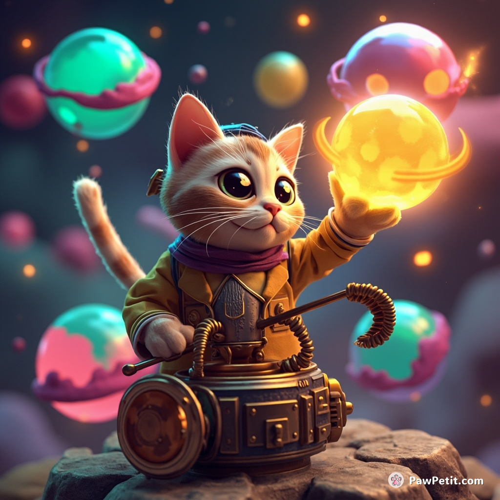 Steampunk cat operating a retro-futuristic time travel device while juggling multicolored plasma balls in zero gravity.