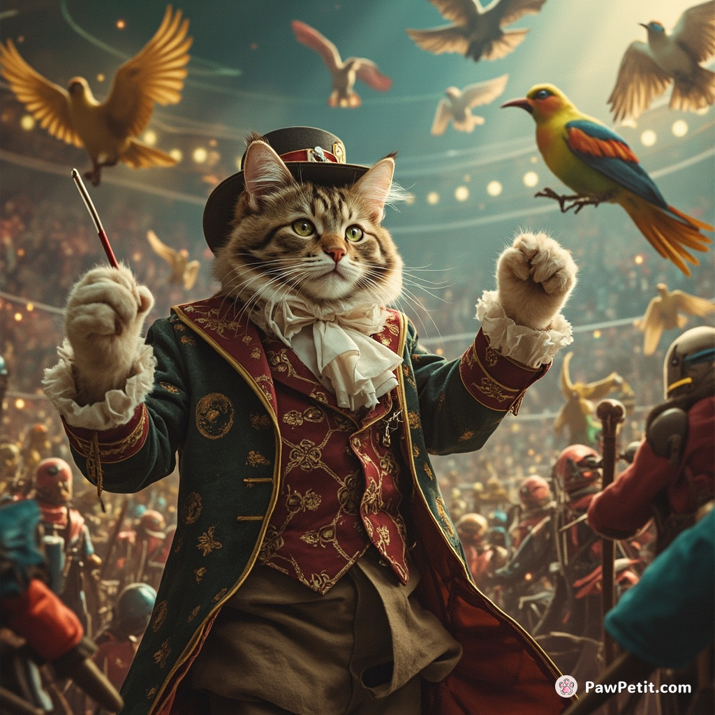 A Victorian dressed cat conducting a symphony orchestra of colorful robotic birds in a futuristic music hall.