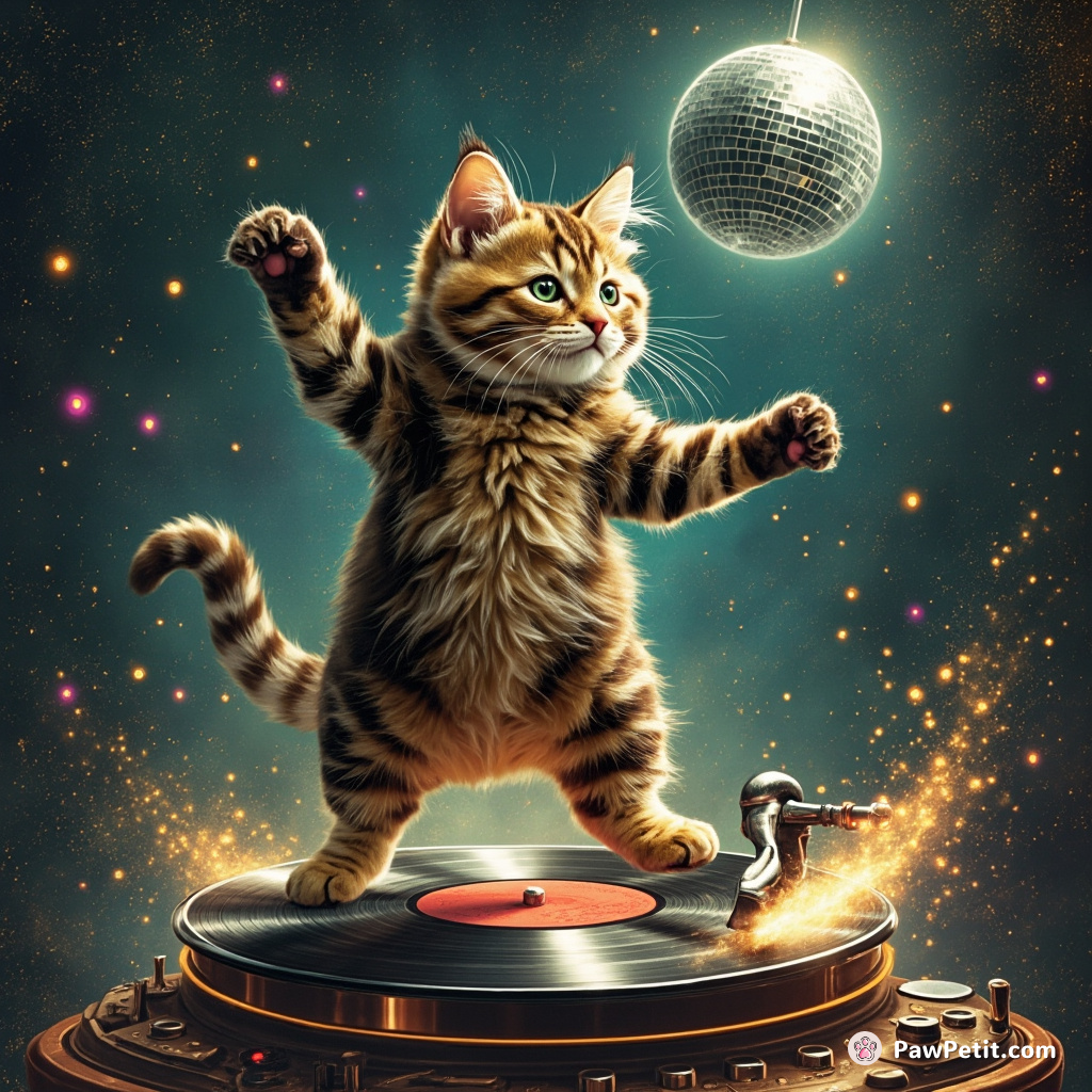 A tabby cat breakdancing on a spinning vinyl record under a disco ball.