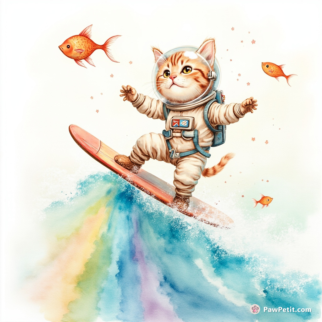 A cat surfing on a rainbow wave with fishes flying around, wearing astronaut suit.