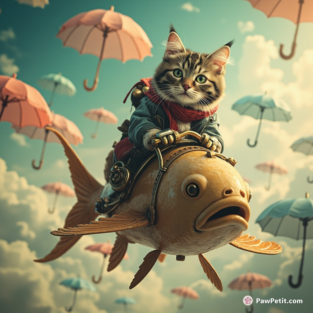 Steampunk cat piloting a mechanical fish through a sky dense with floating umbrellas.