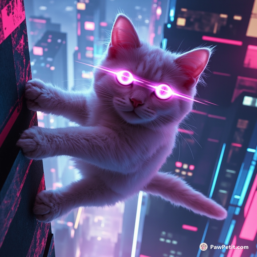 Cyber-feline effortlessly scales chromatic skyscrapers, utilizing magnetic paws in a shining future-centric human metropolis.