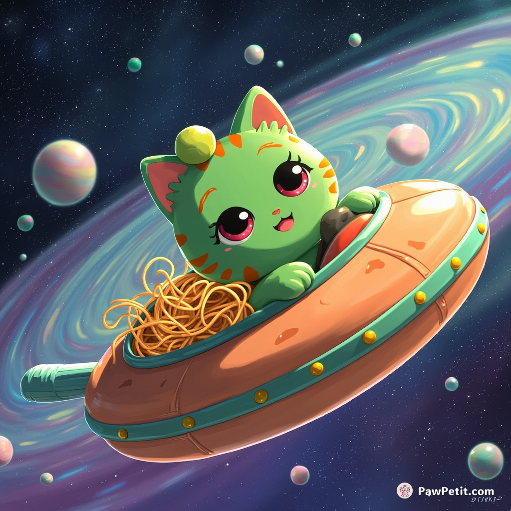 A green, polka-dotted cat flying a spaghetti-powered spaceship through the iridescent rings of a gumdrop galaxy.