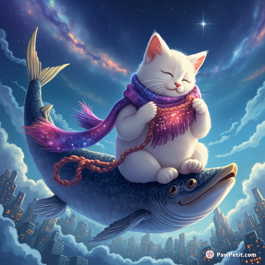 Cat knitting a scarf with brightly colored galaxies while perched on the tip of a swordfish soaring through an underwater city.