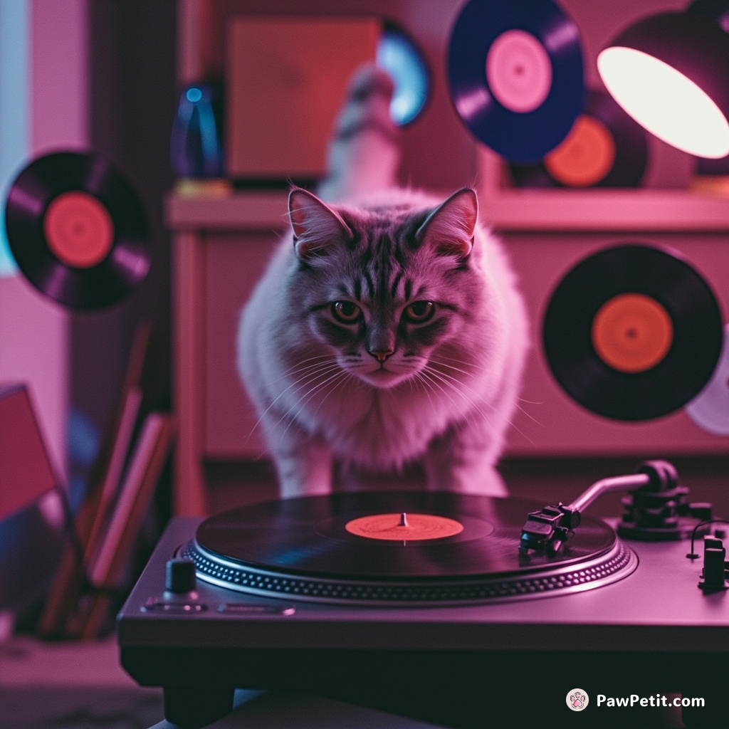The cat, provoked by pulsating music, jumped onto the turntable, sending vinyl records flying in all directions.