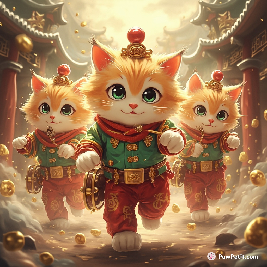 A sentient, three-headed cat in jesters' attire orchestrating an undefeated invisible brass band in the timeless dimension.