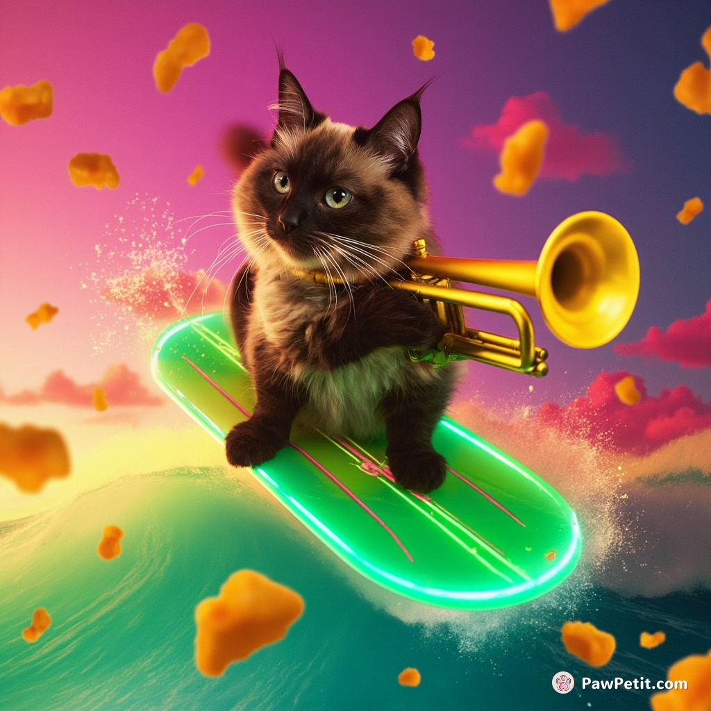 A Siamese cat playing a golden trumpet on an emerald surfboard riding a rainbow wave in a sea of nacho cheese.