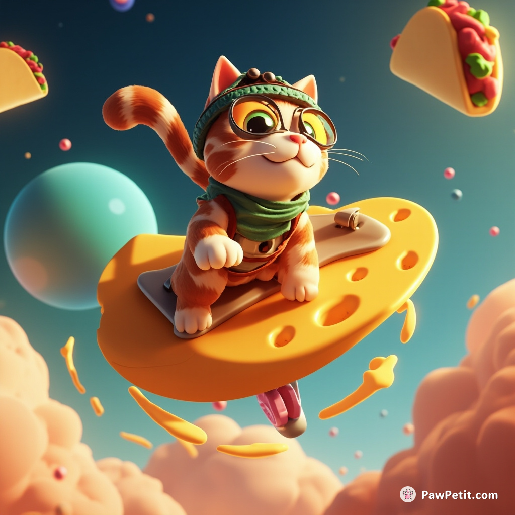 Cat surfing on a cheese in space, dodging flying tacos.