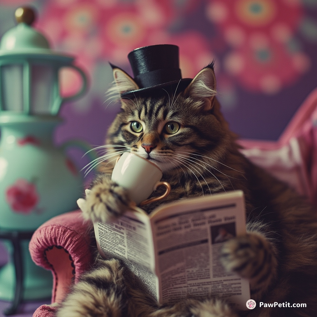 The cat dons a tiny hat, sips tea, and pretends to read a newspaper, swishing its tail in concentration.