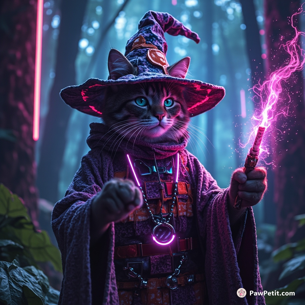 Cat dressed as cybernetic wizard casting neon sushi spells in a pixelated rainforest.