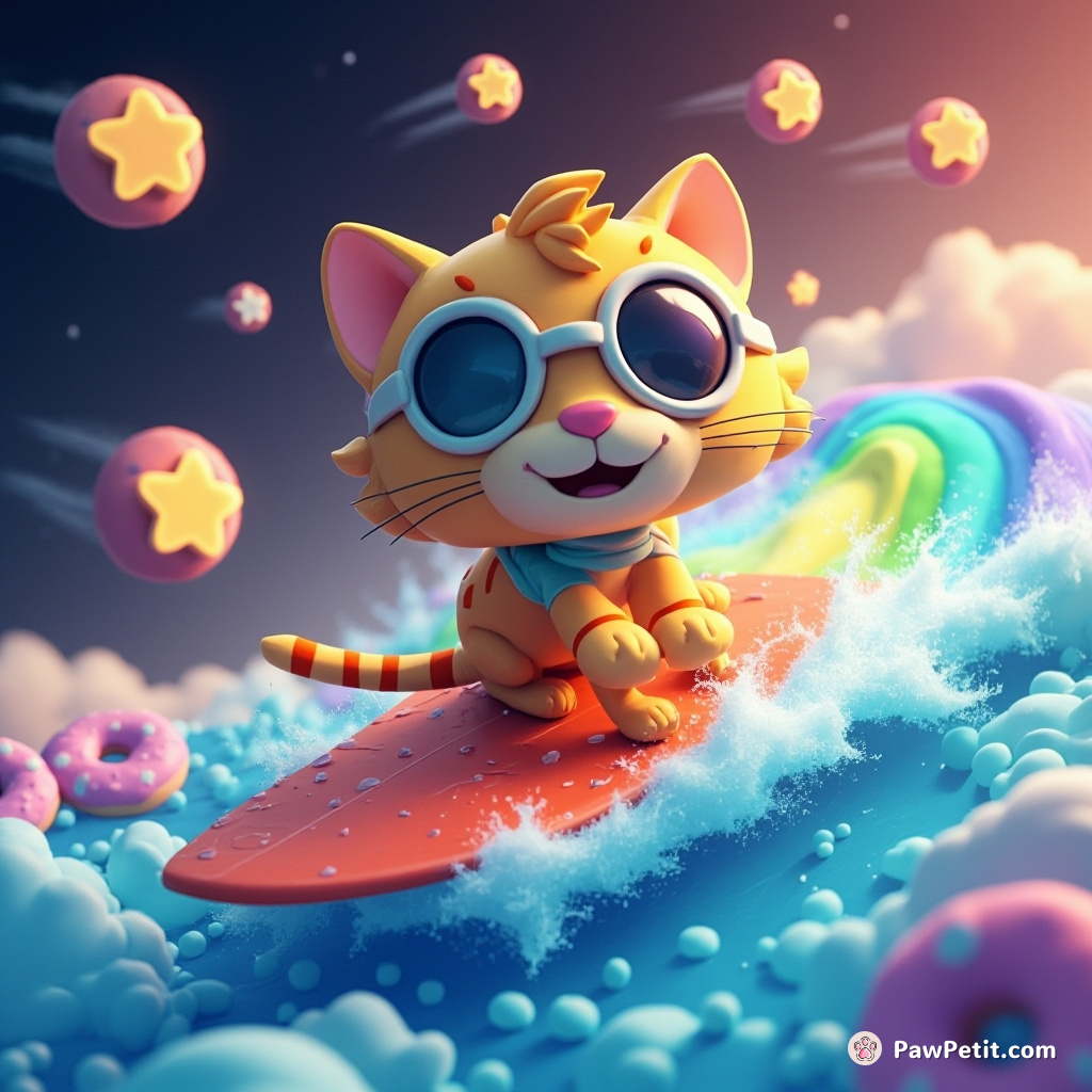 A cat surfing on a rainbow wave in space, dodging donuts and shooting stars with eyepatches.