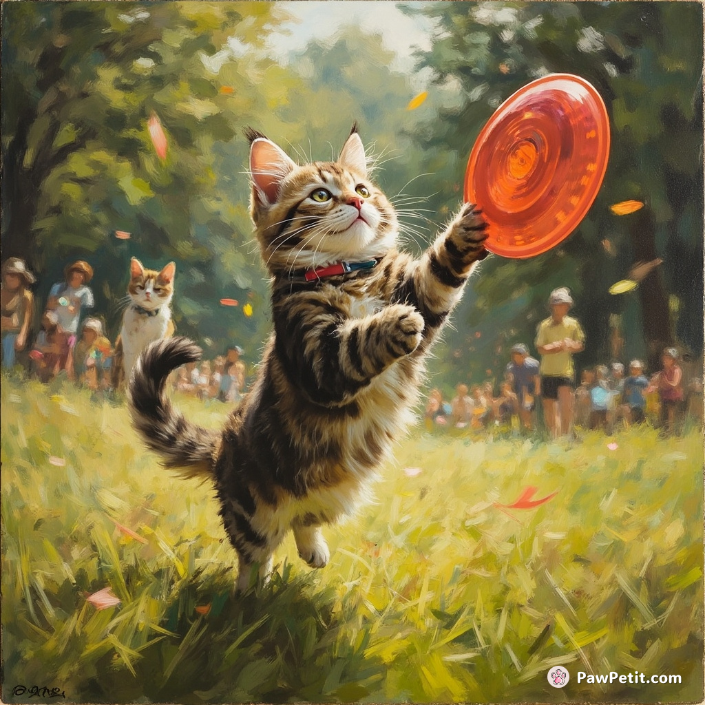 In the parkwide chaos, Whiskers solemnly attempted to play Frisbee, his leaps against the wind a spectacle of feline tenacity.