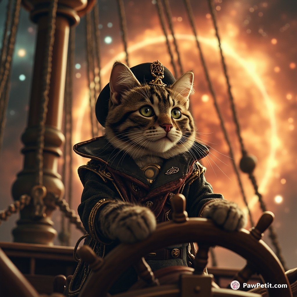Steampunk cat captain steering a cosmic galleon through a supernova.