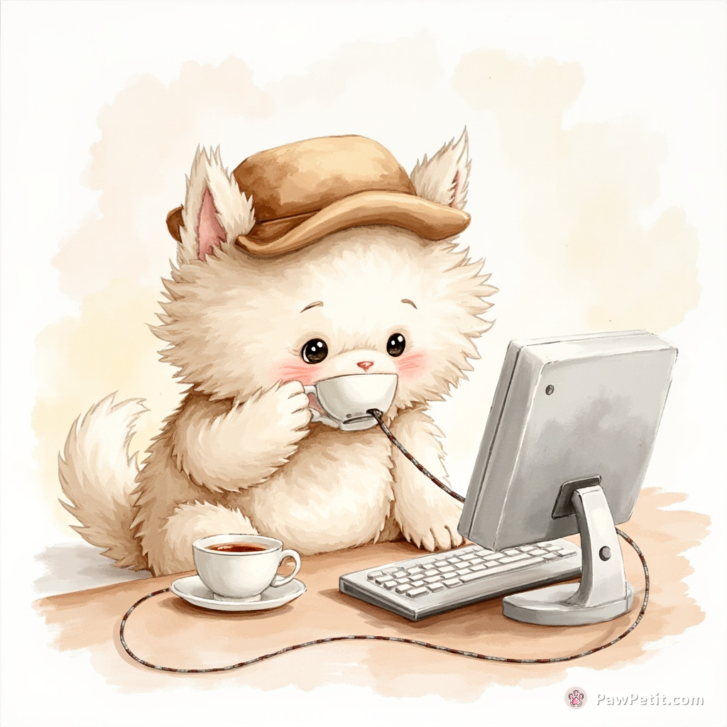 Fluffy dons a tiny hat, sips imaginary tea, and swats at a pretend computer with a paw.