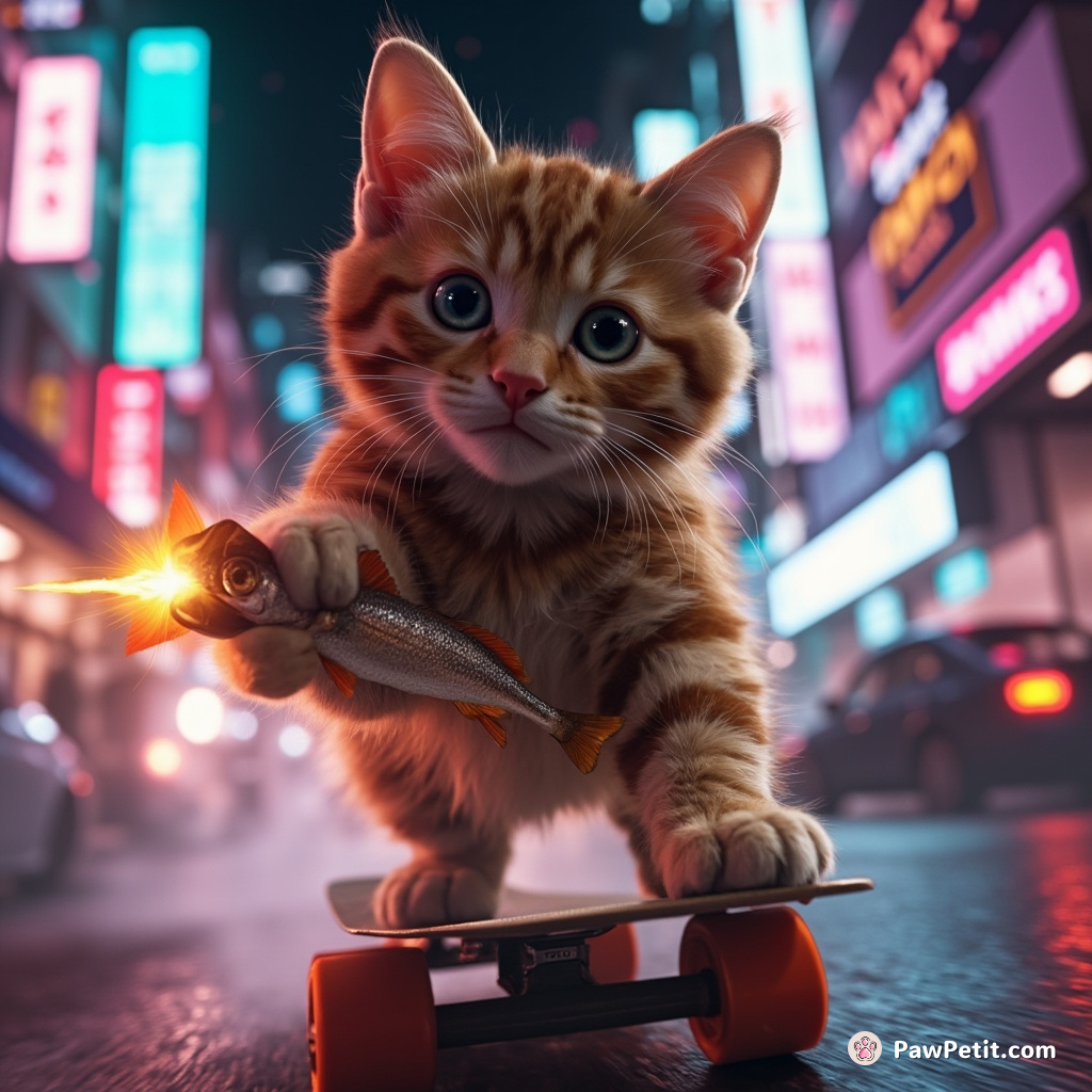 A carrot-orange tabby cat rollerblading through a neon cityscape with a rocket-powered fish in its paw.