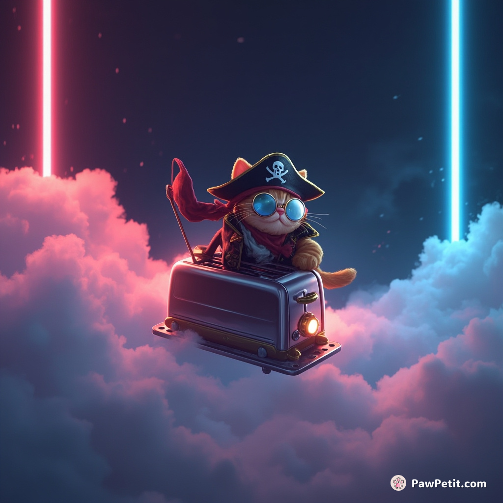 A pirate cat riding a flying toaster through a neon fog.