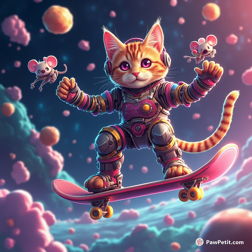 Cybernetic space cat skateboarding on intergalactic jellybean asteroids while juggling Undead Mice of the Quantum Realm.