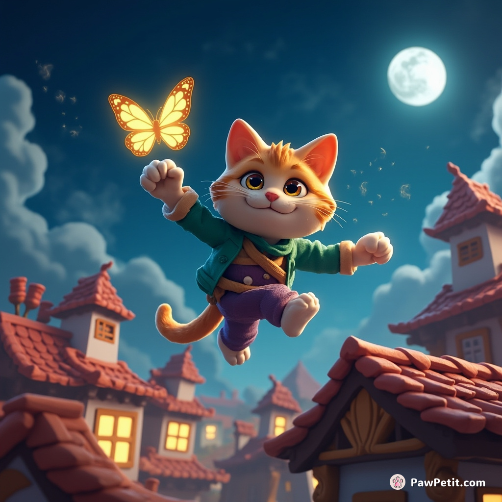 The cat leapt from rooftop to rooftop, chasing the moonlit butterfly that held the key to the kingdom's secret.