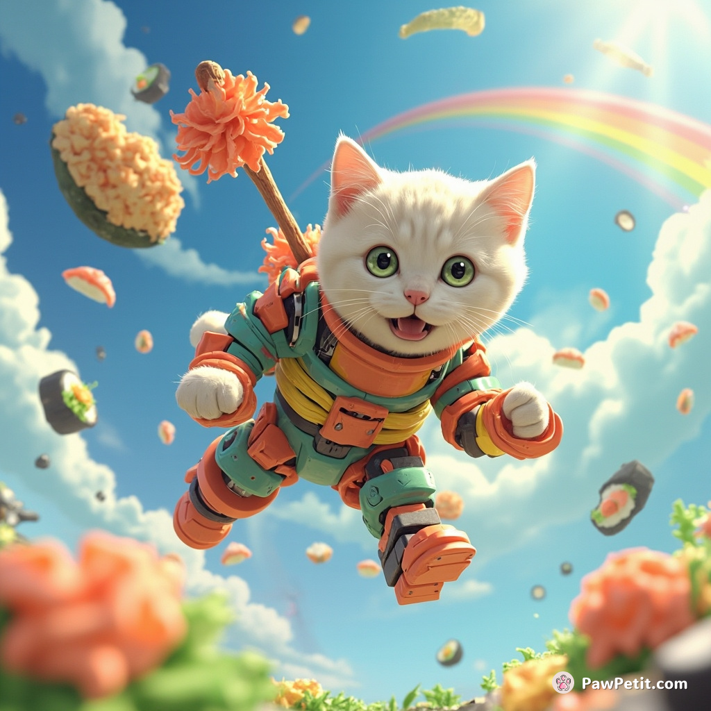 Cyborg cat pole-vaulting over a rainbow made of sushi in low gravity settings