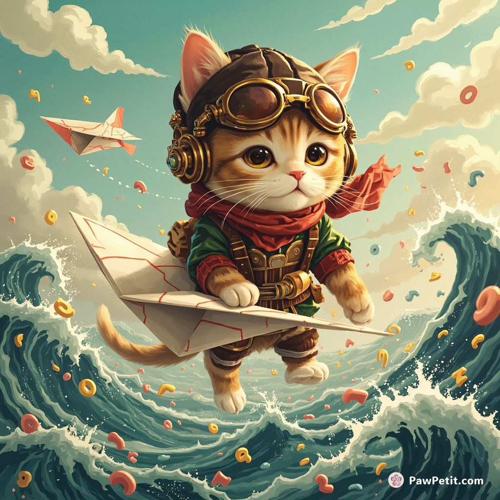 Steampunk cat flying a paper aeroplane through tidal waves of alphabet soup.