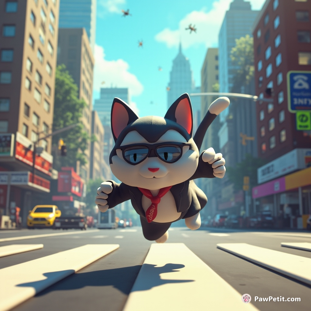 A feline shadow subtly bypasses facial scanners, deftly leaping across 3D-projected crosswalks in a drone-dotted skyscraper cityscape.
