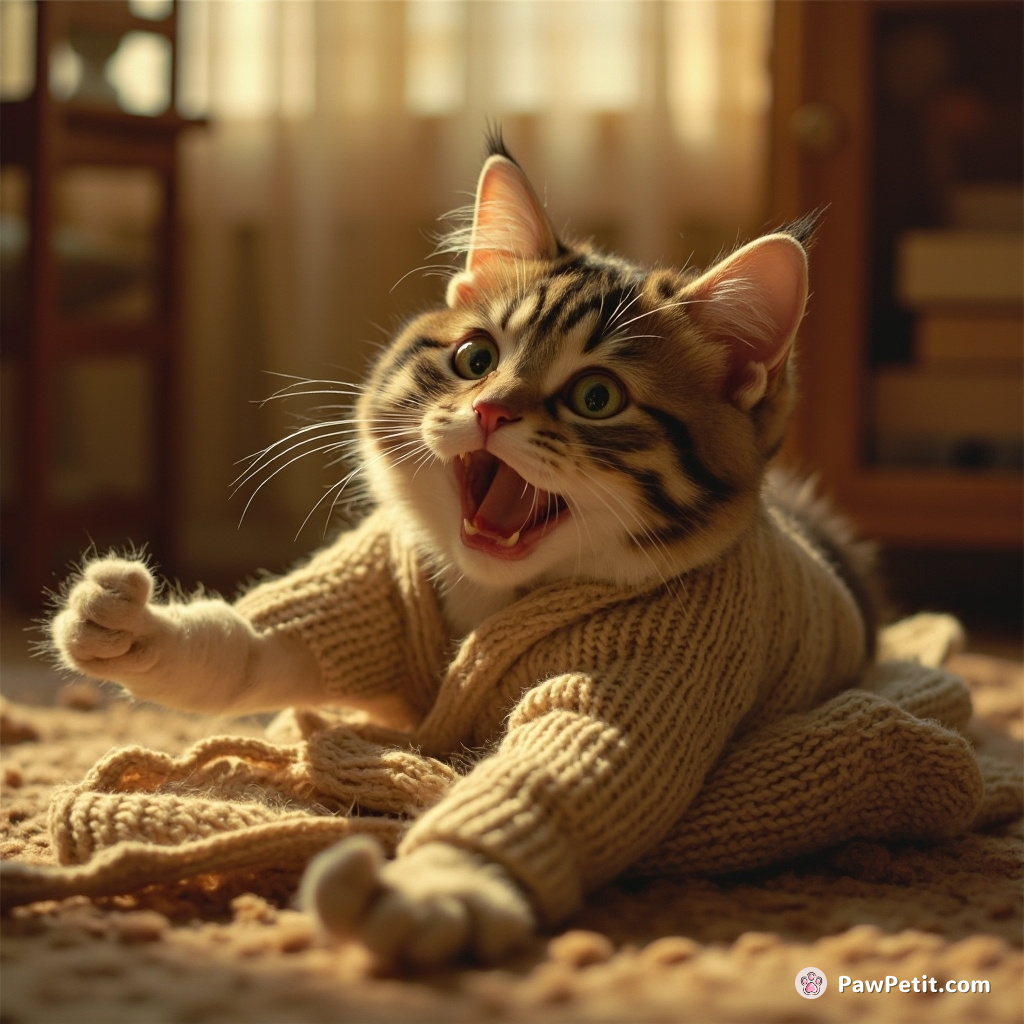 In her panic, the startled cat furiously clawed at a knitted woollen sweater in an attempt to escape.