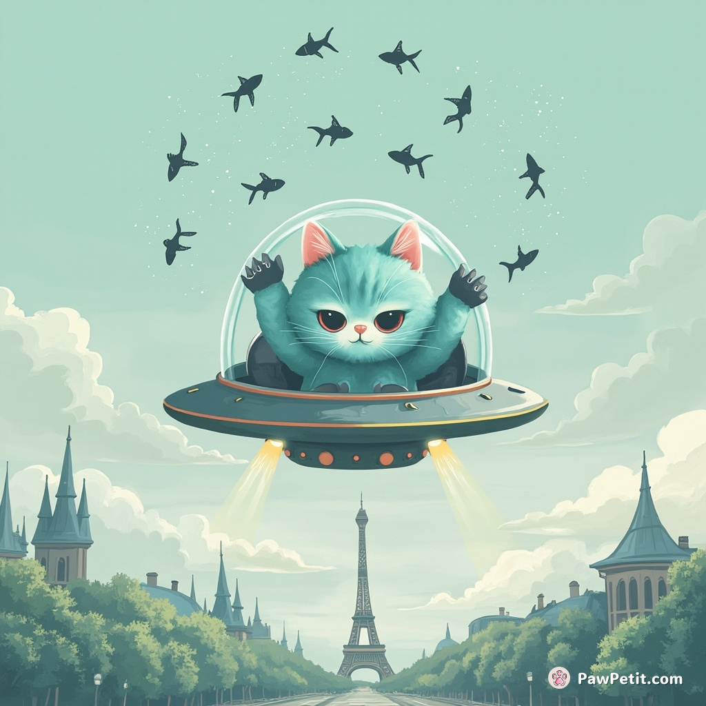 A blue Persian cat flying a miniature UFO over Paris while juggling fish-shaped stardust.